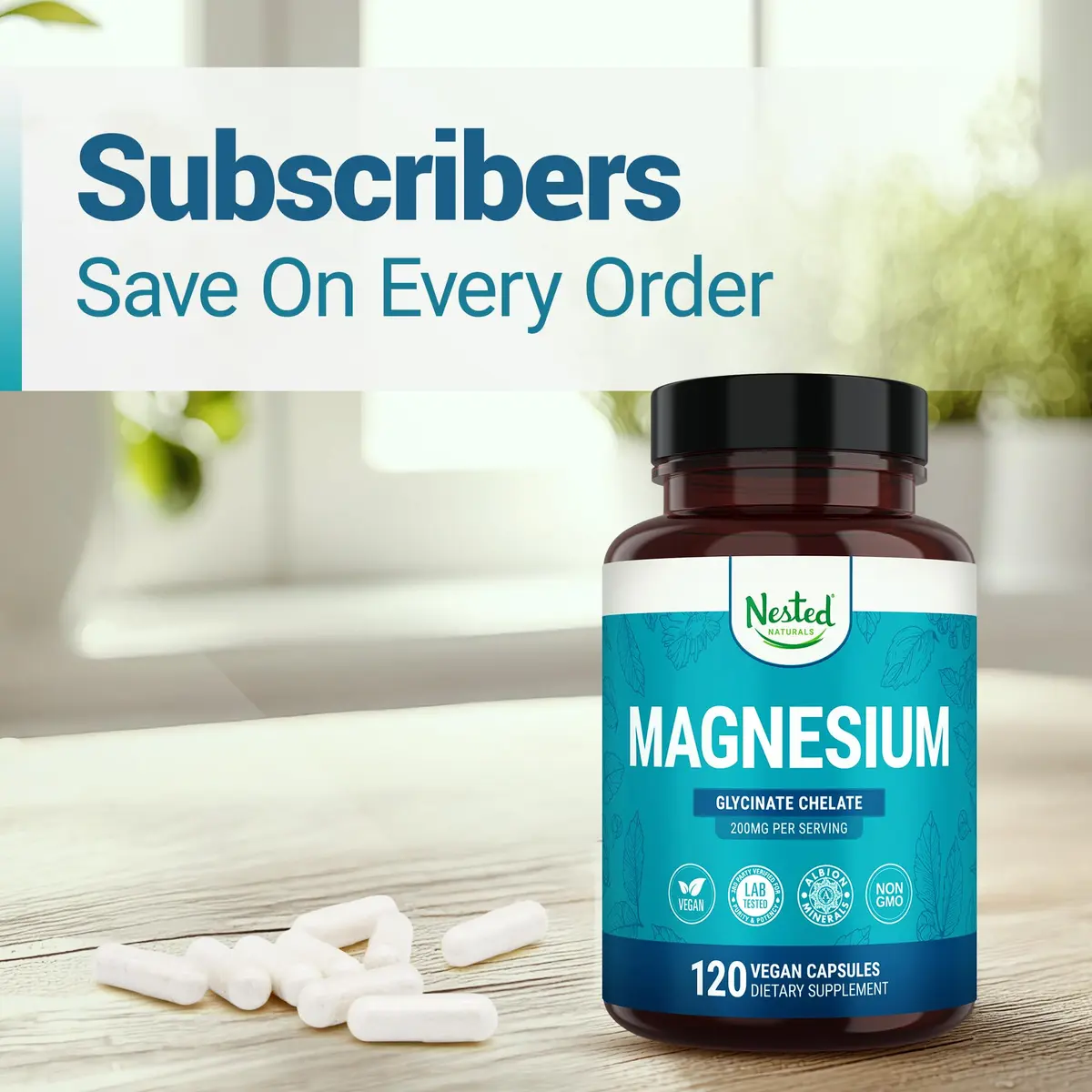 Nested Naturals Magnesium Glycinate Chelate - 200mg Chelated Magnesium Supplement for Muscle Cramps, Relaxation, & Sleep Support - 120 Vegan Capsules - view 8