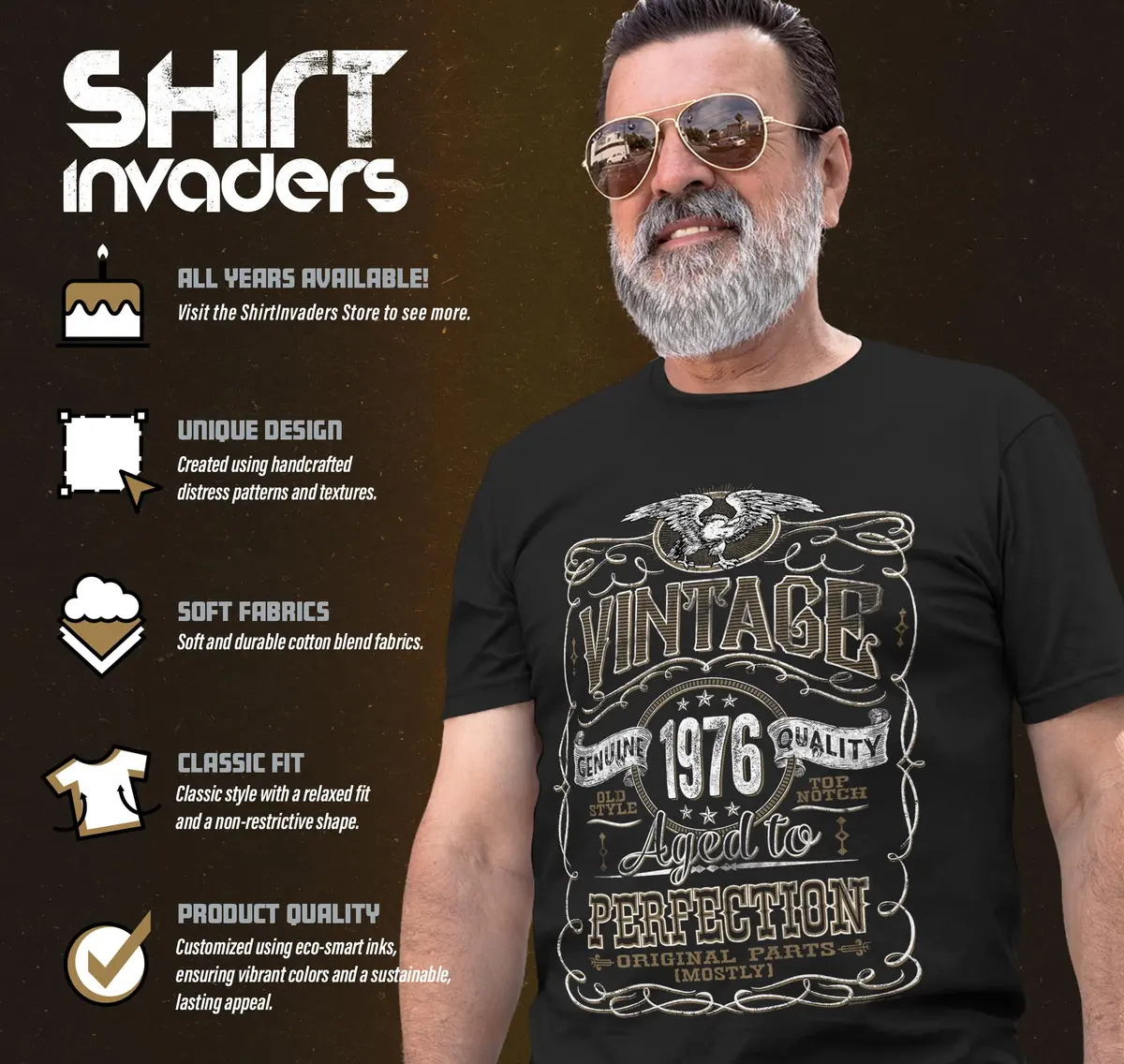 ShirtInvaders Vintage 1976 Aged to Perfection 50th Birthday Tee for Him - Black-001-2X | Classic Retro Style for Men - view 3