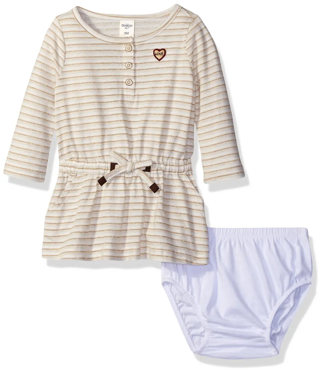 OSHKOSH B'GOSH Baby Girls' Striped Knit Dress - Beige - 12 Months | Casual Baby Dress with Long Sleeve - main product image