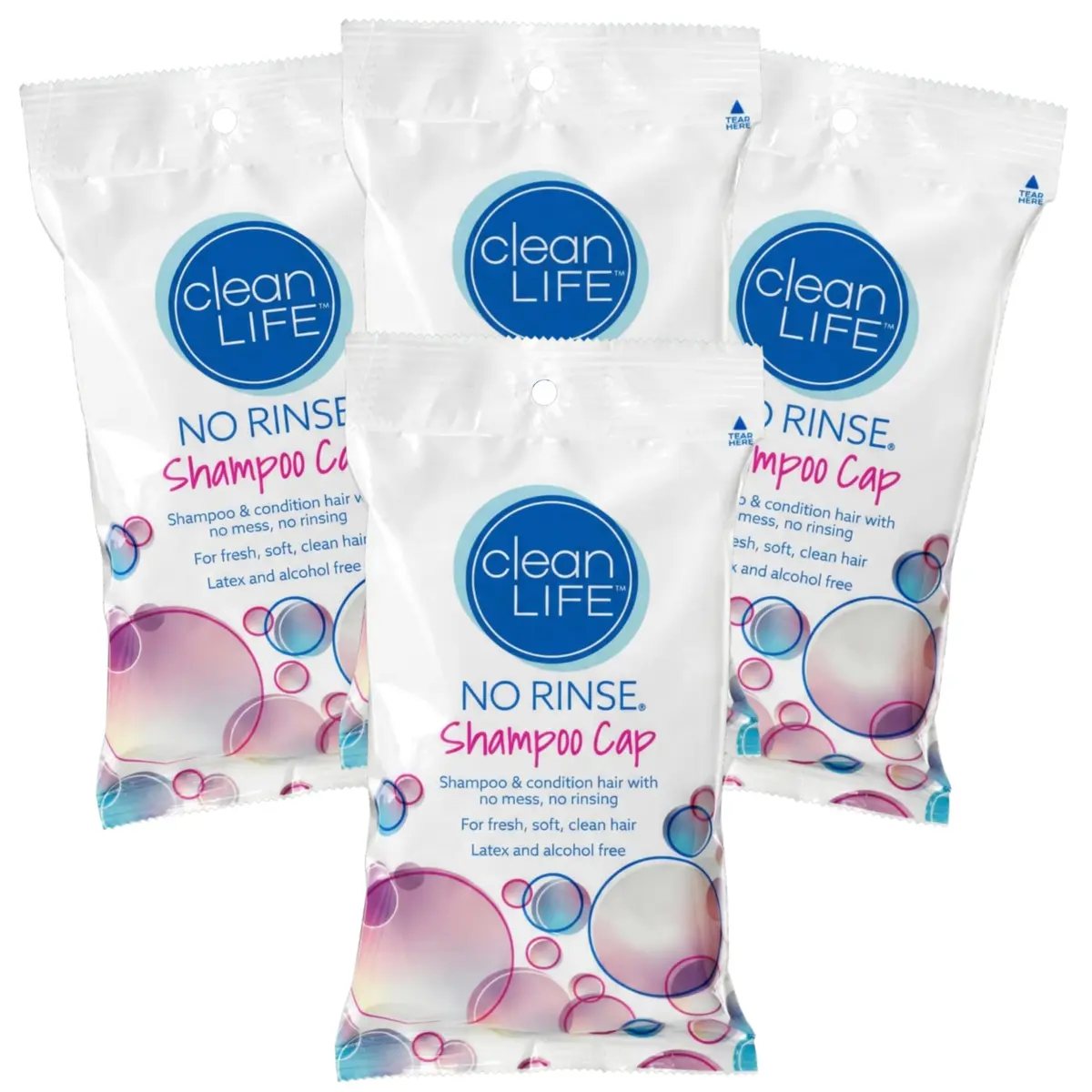 No-Rinse Cleanlife Shampoo Cap 4 Pack | Waterless, Rinse-Free Hair Wash for Elderly & Bedridden - main product image