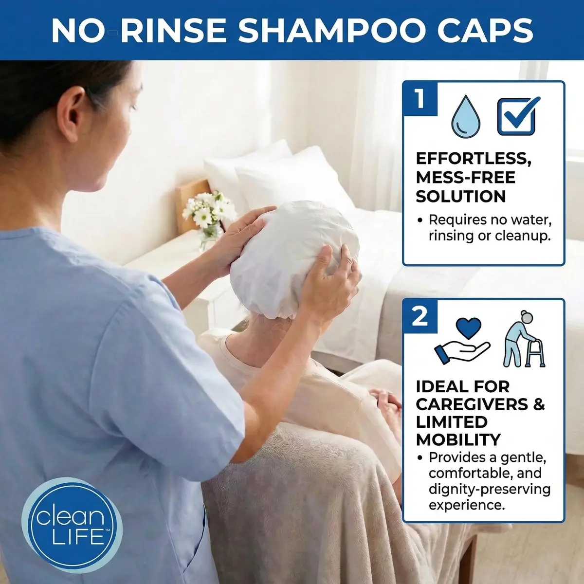 No-Rinse Cleanlife Shampoo Cap 4 Pack | Waterless, Rinse-Free Hair Wash for Elderly & Bedridden - view 3