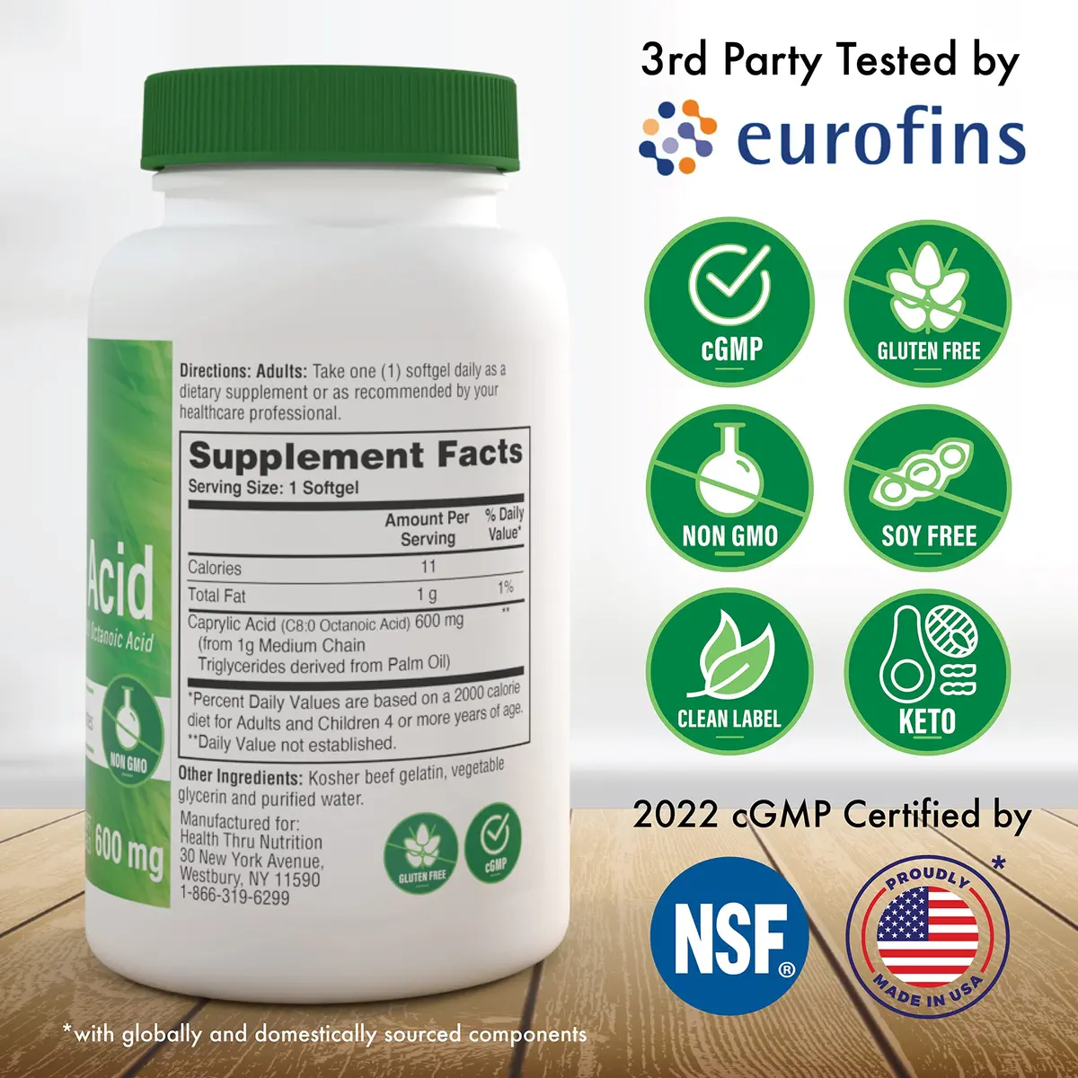 Health Thru Nutrition Caprylic Acid 600mg 200 Softgels | Support Digestive & Ketogenic Health - view 2