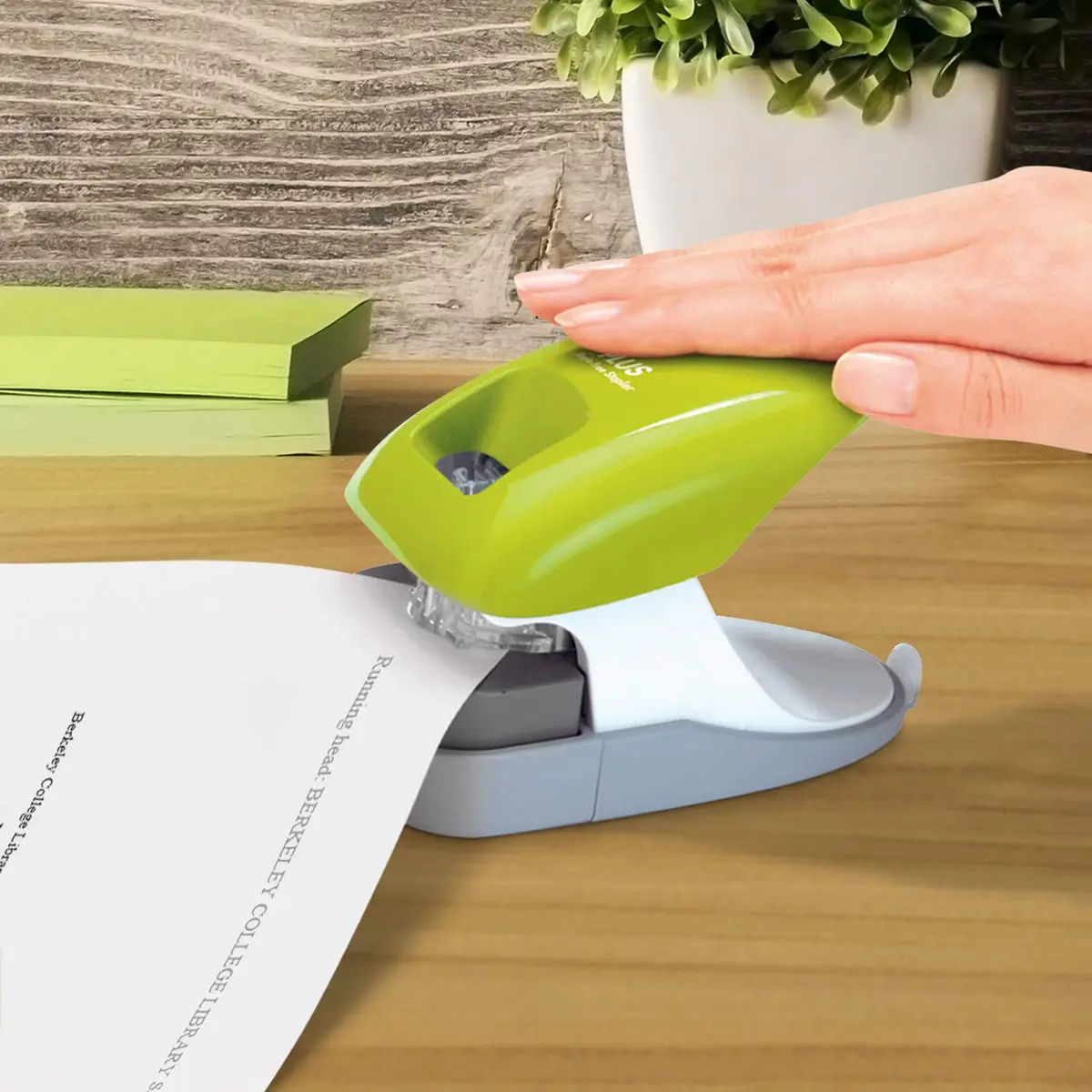 PLUS Paper Clinch Desktop Staple-Free Stapler, Green | Fast Paper Fastening, Safe & Compact - view 7