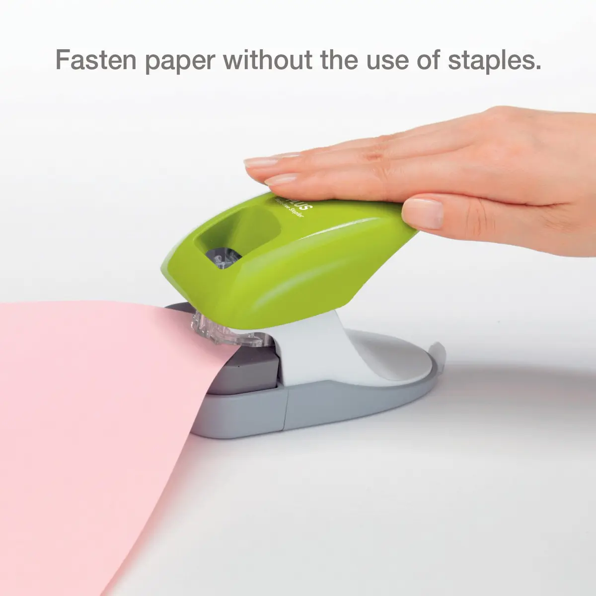 PLUS Paper Clinch Desktop Staple-Free Stapler, Green | Fast Paper Fastening, Safe & Compact - view 2
