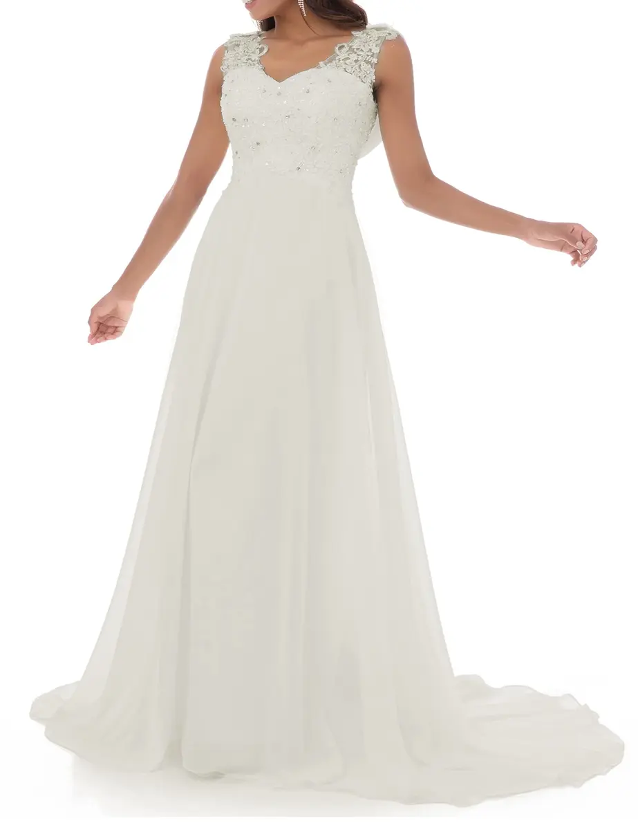 ABaoWedding Women's Wedding Dress Lace Double V-Neck Sleeveless Ivory US 16 | Elegant Bridal Gown with Lace & Beading - view 2