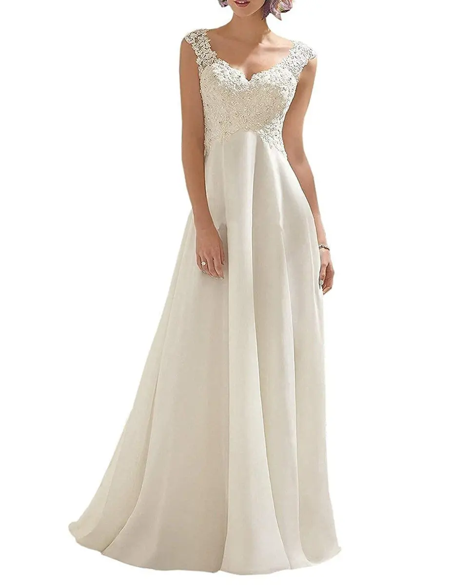 ABaoWedding Women's Wedding Dress Lace Double V-Neck Sleeveless Ivory US 14 | Elegant Bridal Gown with Lace & Beading (70-120 chars) - main product image