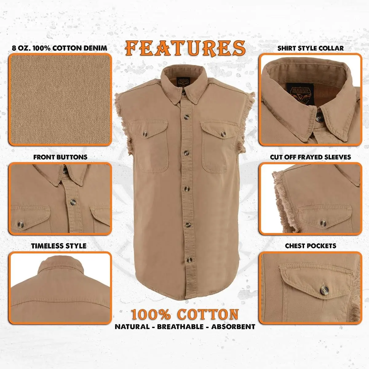 Milwaukee Leather DM4005 Men's Beige Lightweight Sleeveless Denim Shirt | Casual, 3X-Large, Cotton - view 2