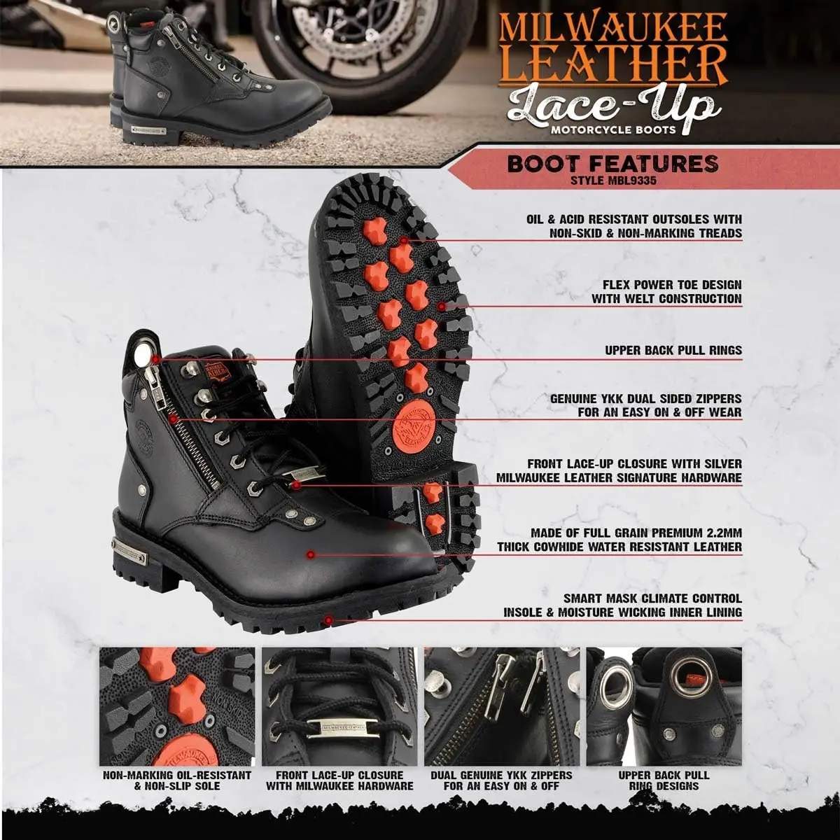 Milwaukee Leather MBL9335 Women's Black Leather Motorcycle Boots | Waterproof, Low Cut Lace-Up Design - view 3