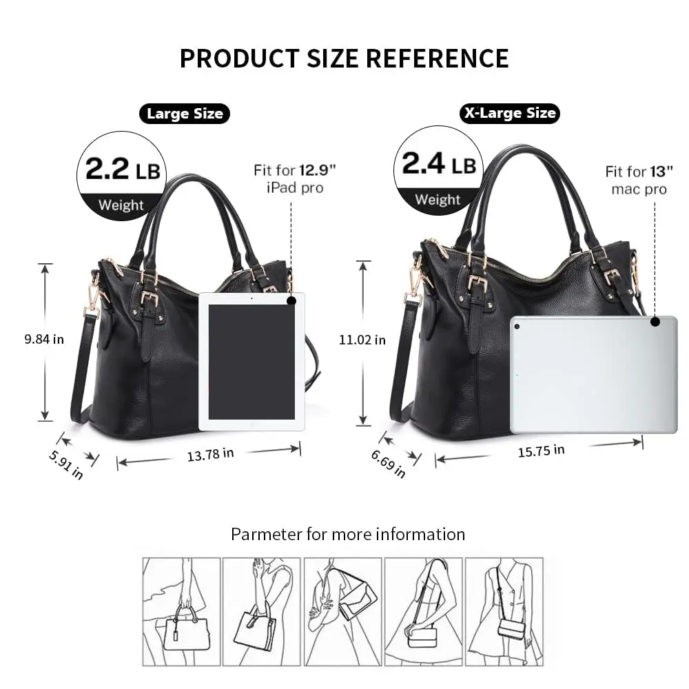 Kattee Leather Tote Handbag for Women, Large Satchel Purse, Black | Waxed Cowhide Leather, Spacious & Stylish - view 4