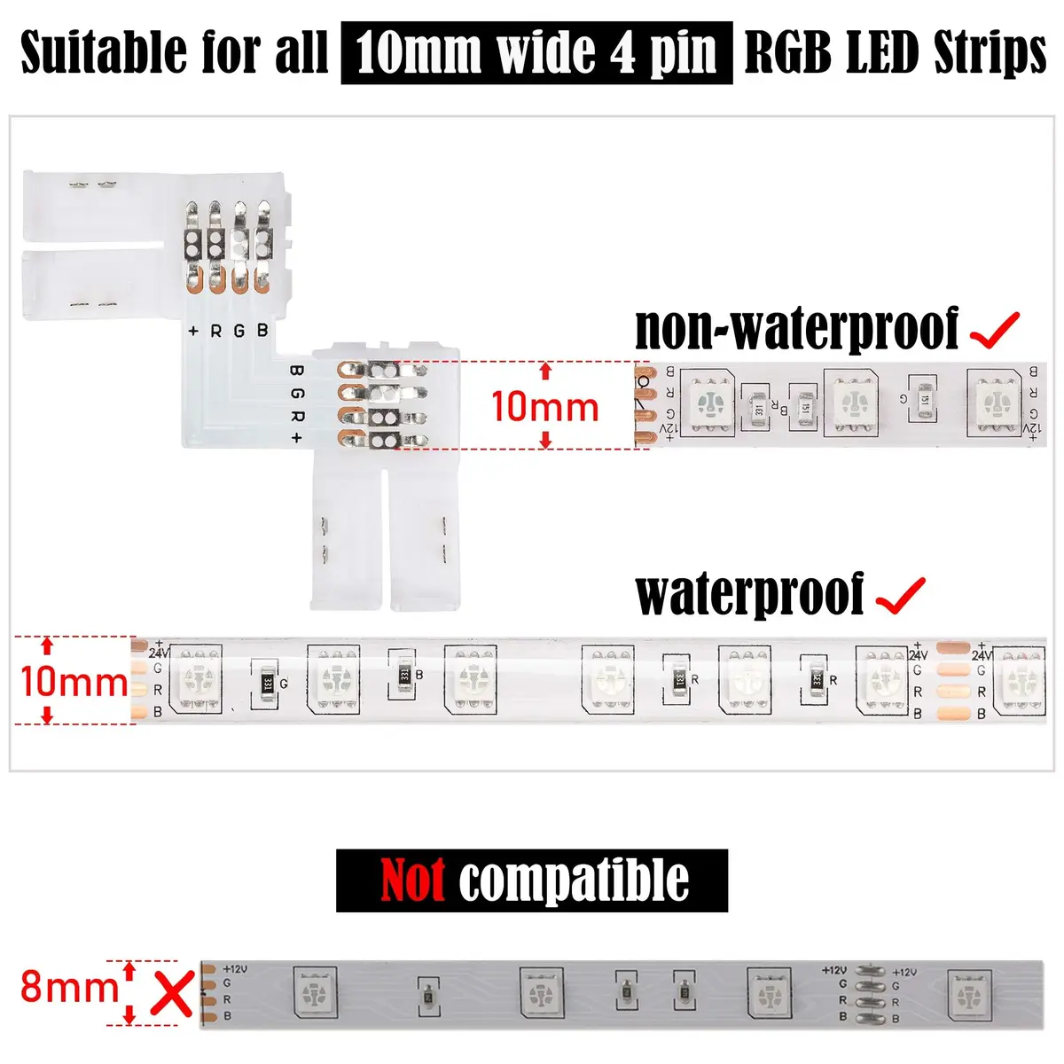 JACKYLED 20Packs 10mm 4-Pin LED Connectors with Clips & L Shape, 22pcs for Strip Lights | Support 72W - view 4