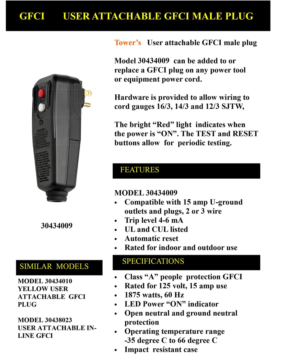 Tower Auto-Reset 15 AMP Right Angle GFCI Plug, Black | UL-Listed Safety - view 5