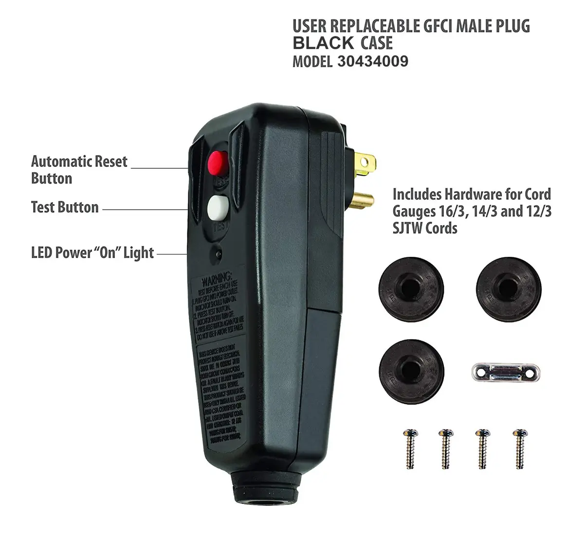 Tower Auto-Reset 15 AMP Right Angle GFCI Plug, Black | UL-Listed Safety - view 2