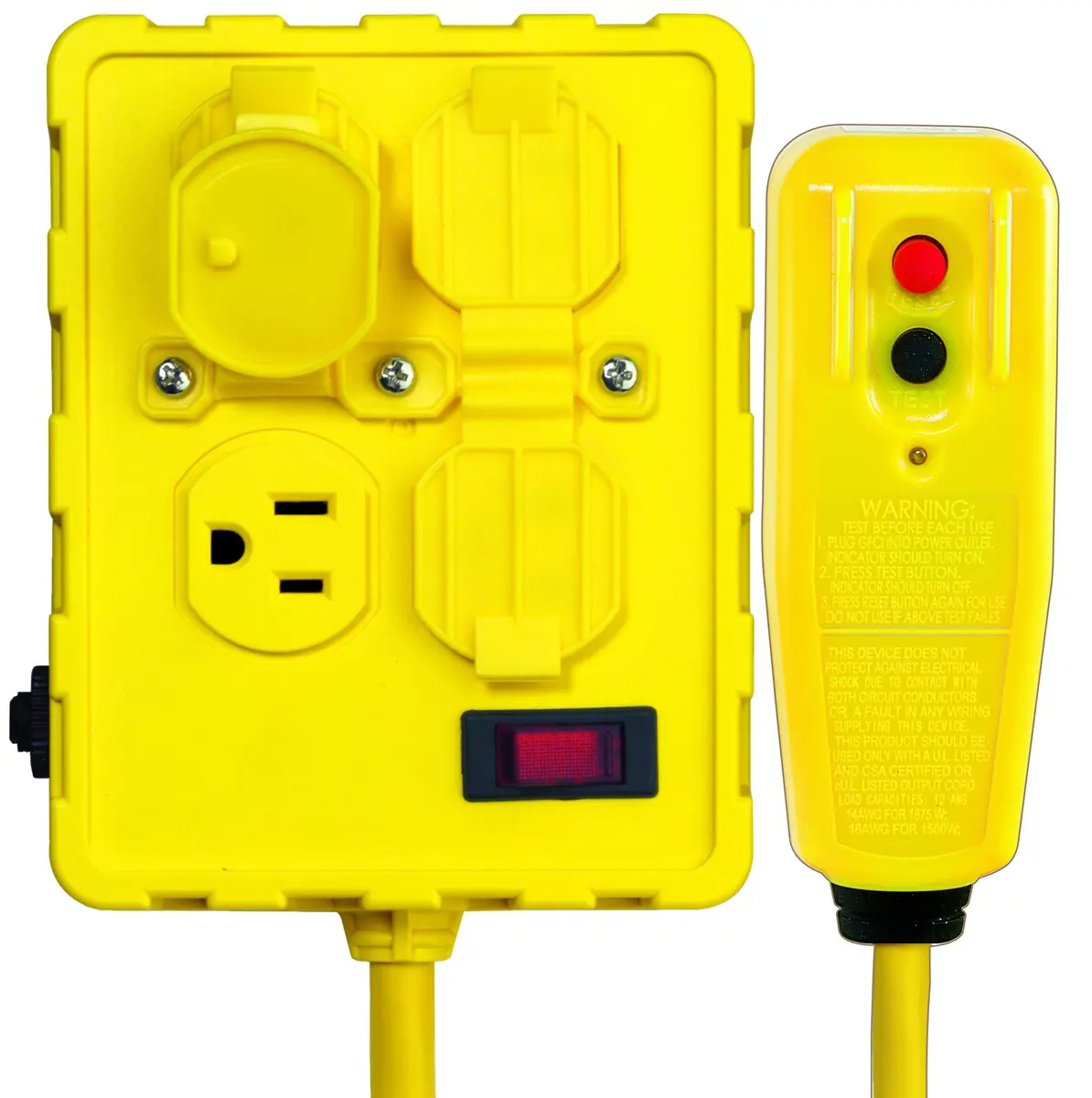 Tower Power Strip 6 Feet Yellow | Auto-Reset GFCI with 4 Outlets, Right Angle, 125V - main product image