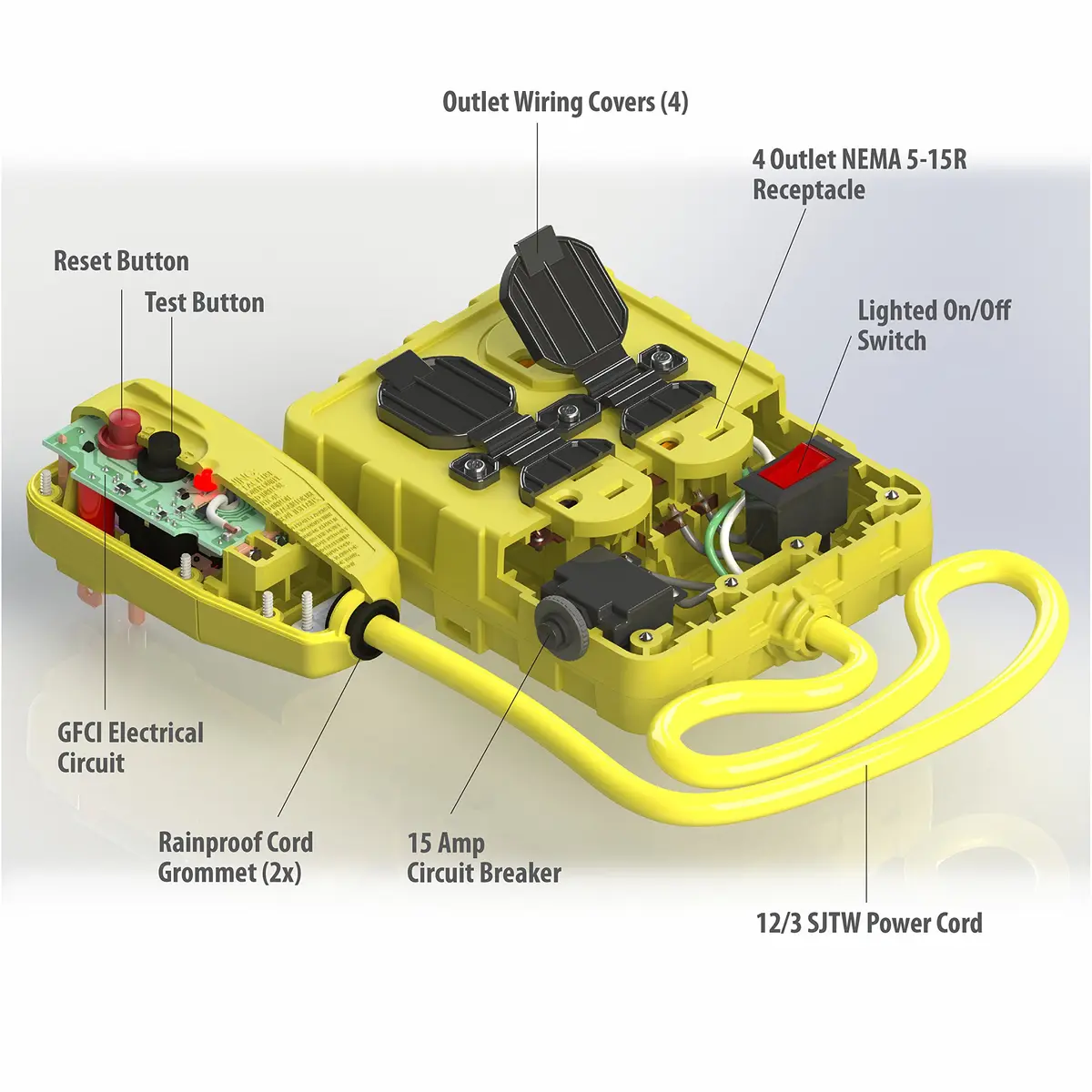 Tower Power Strip 6 Feet Yellow | Auto-Reset GFCI with 4 Outlets, Right Angle, 125V - view 4