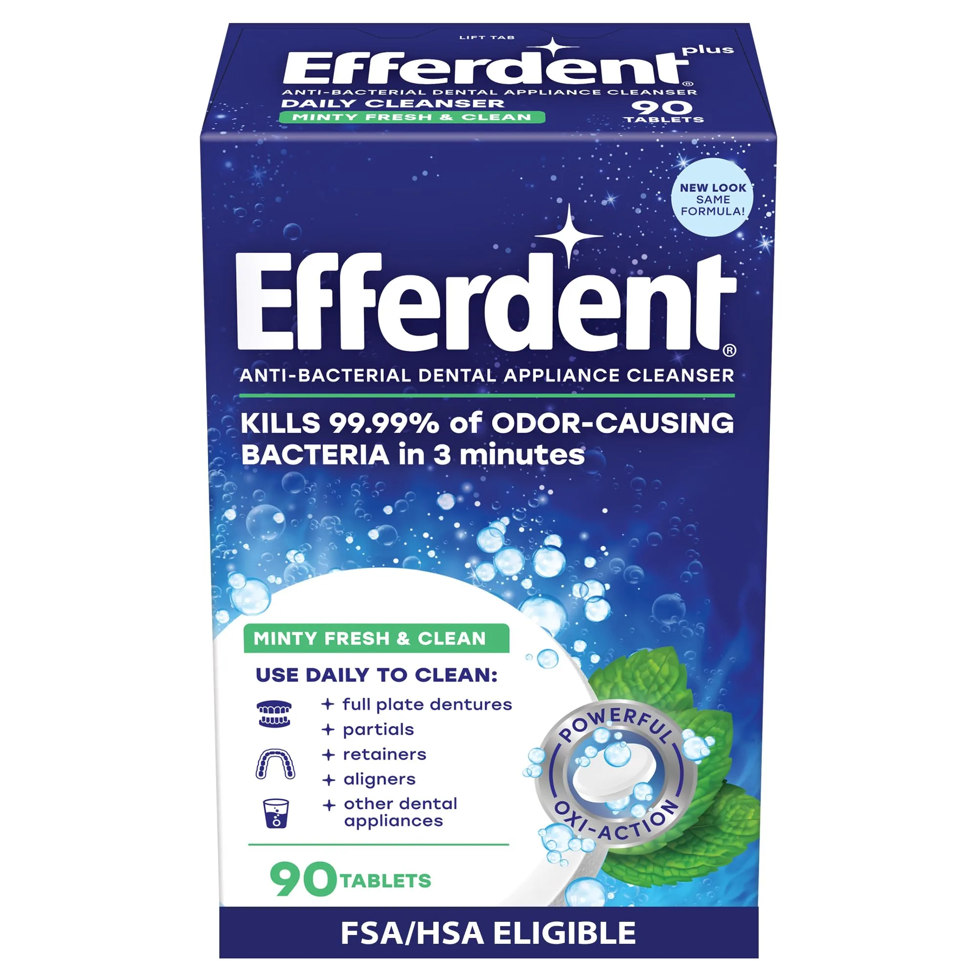 Efferdent Denture Cleaner Tablets Minty Fresh & Clean 90 Count | Kills 99.99% Bacteria - main product image