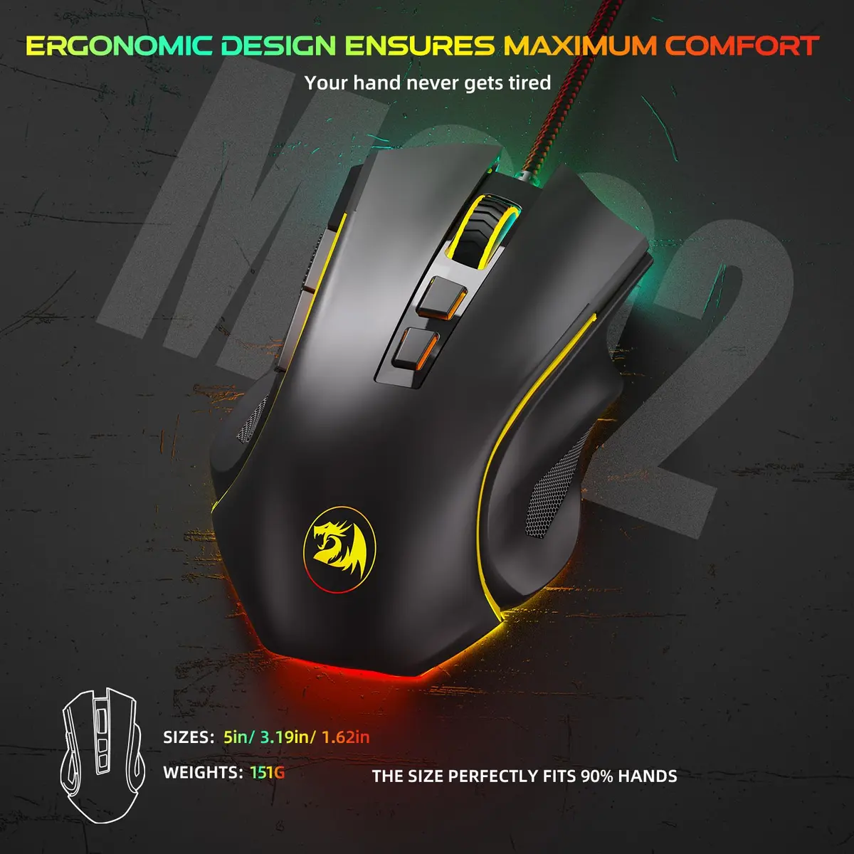 Redragon M602 Gaming Mouse Ergonomic RGB Wired 7200 DPI | Professional Gaming & Office Mouse - view 4