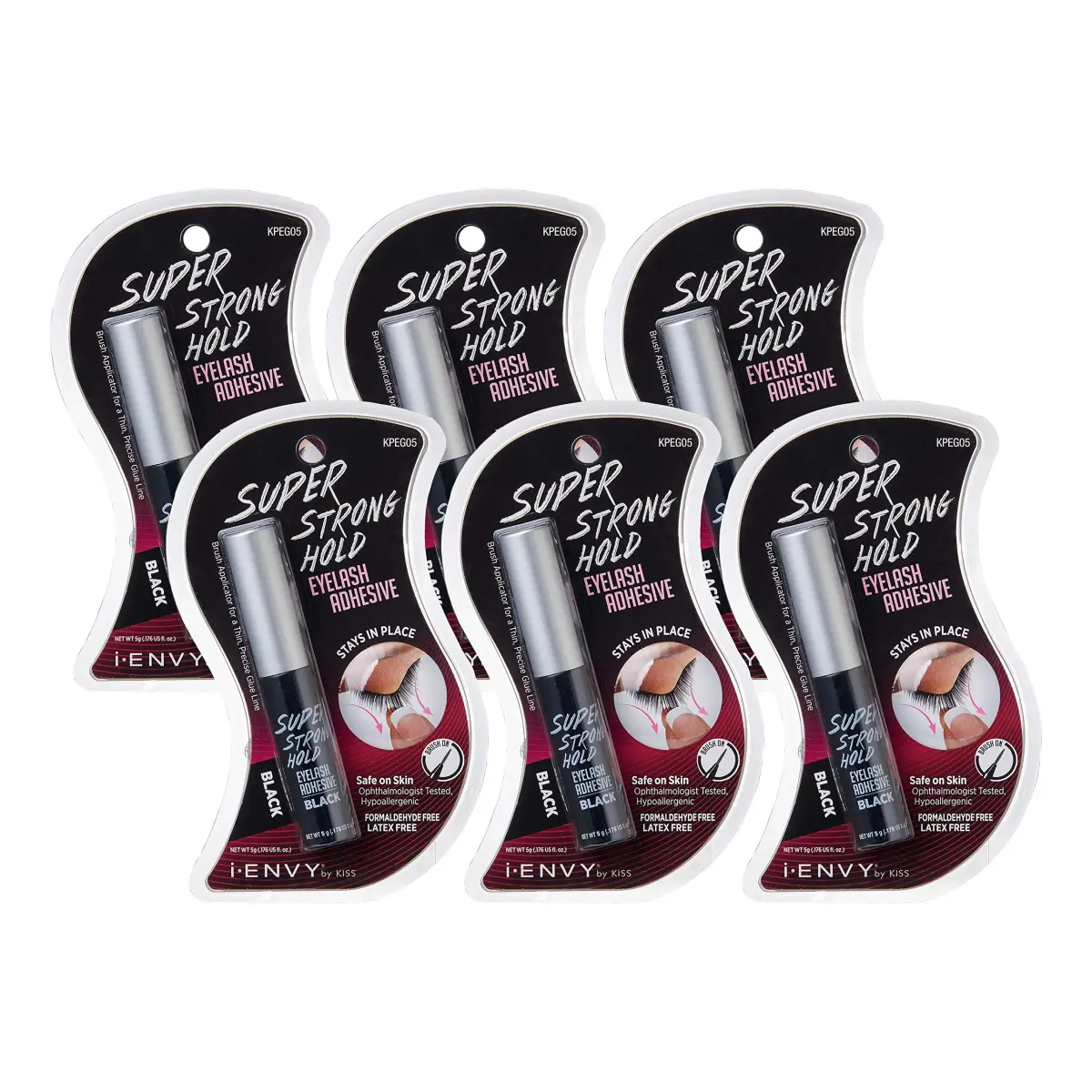 iENVY Super Strong Hold Eyelash Adhesive Black 6 Pack | Waterproof, Hypoallergenic, Brush-On Applicator - main product image