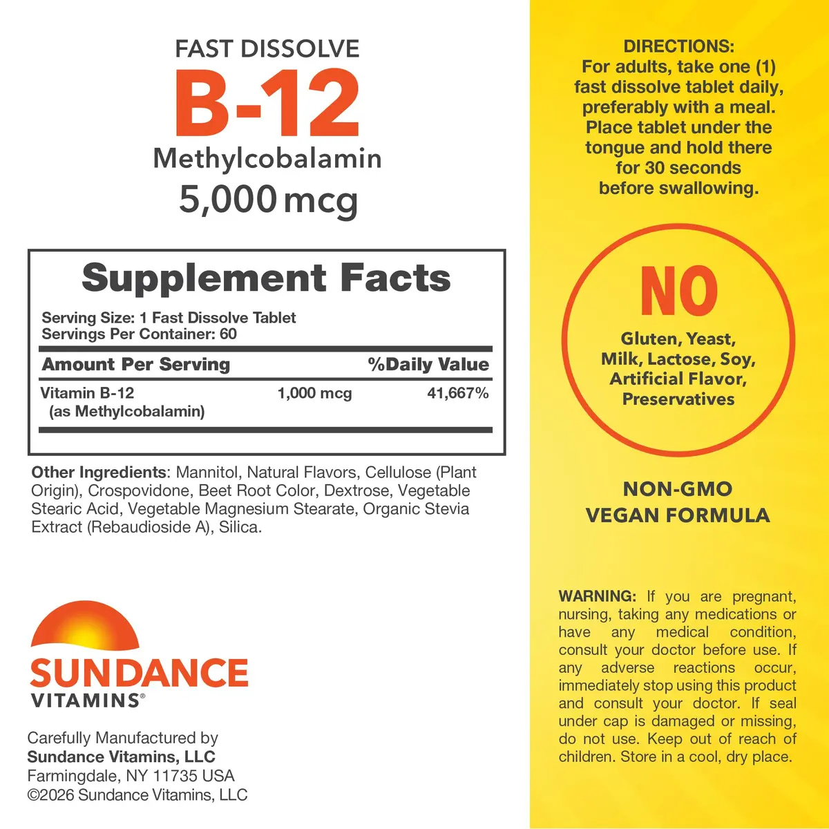 Sundance Vitamin B12 1000 mcg | Methylcobalamin | Fast Dissolve Berry Tablets (60 Count) - view 2