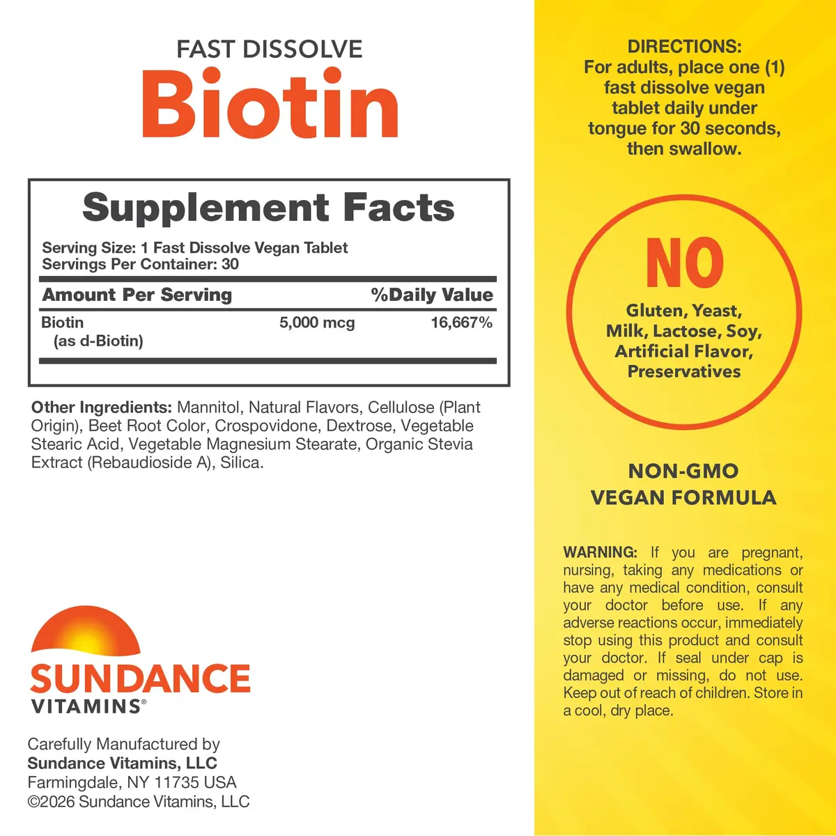 Sundance Biotin 5000mcg | 30 Vegan Tablets | Essential B-Vitamin for Hair & Skin - view 2