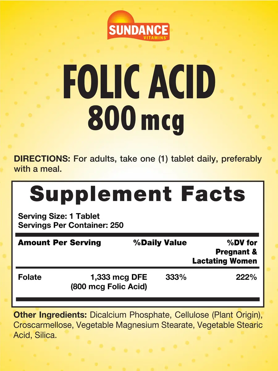 Sundance Folic Acid 800 mcg | 250 Vegetarian Tablets | Essential B-Vitamin for Pregnancy & Wellness - view 2