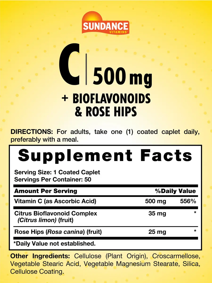 Sundance Vitamin C 500mg with Bioflavonoids & Rose Hips | Vegetarian, Non-GMO, 50 Caplets - view 2