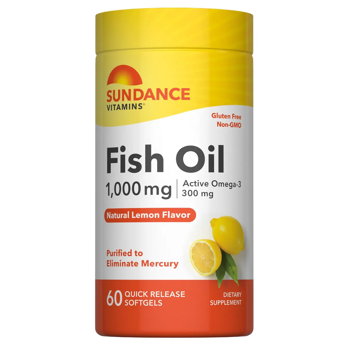 Sundance Fish Oil Omega 3 Supplement 1000mg | Lemon Flavored, 60 Softgels, Purified & Non-GMO - main product image