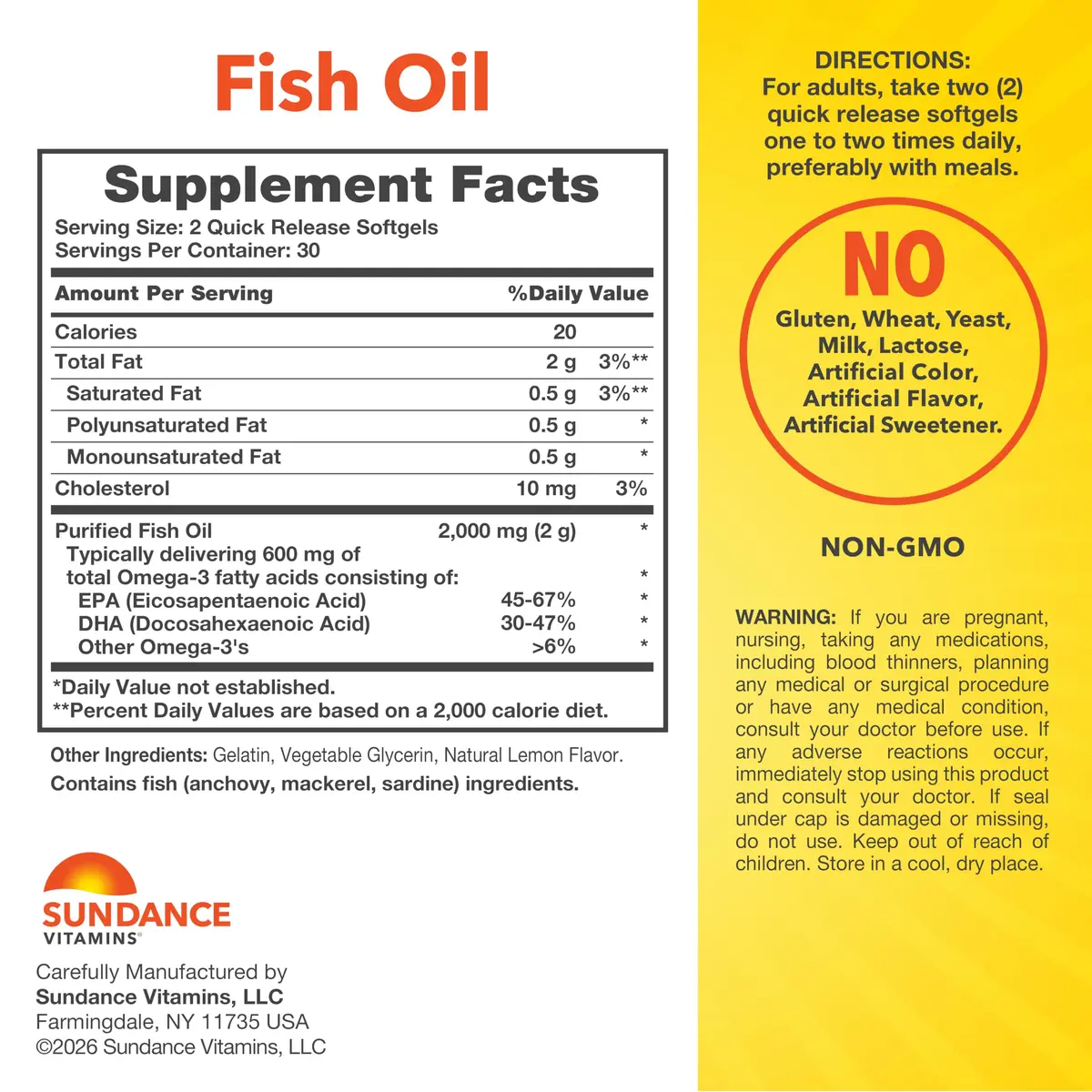 Sundance Fish Oil Omega 3 Supplement 1000mg | Lemon Flavored, 60 Softgels, Purified & Non-GMO - view 2