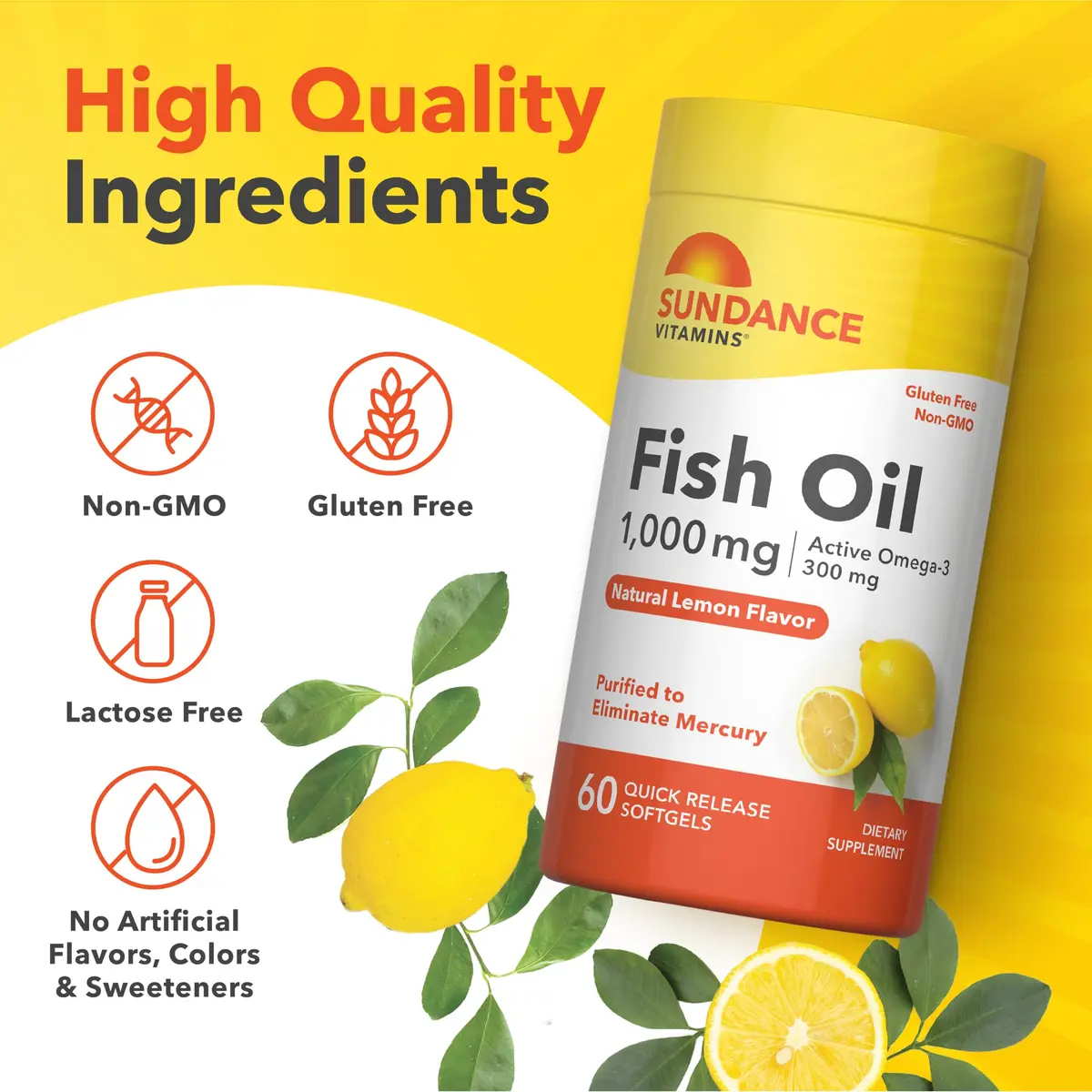 Sundance Fish Oil Omega 3 Supplement 1000mg | Lemon Flavored, 60 Softgels, Purified & Non-GMO - view 4