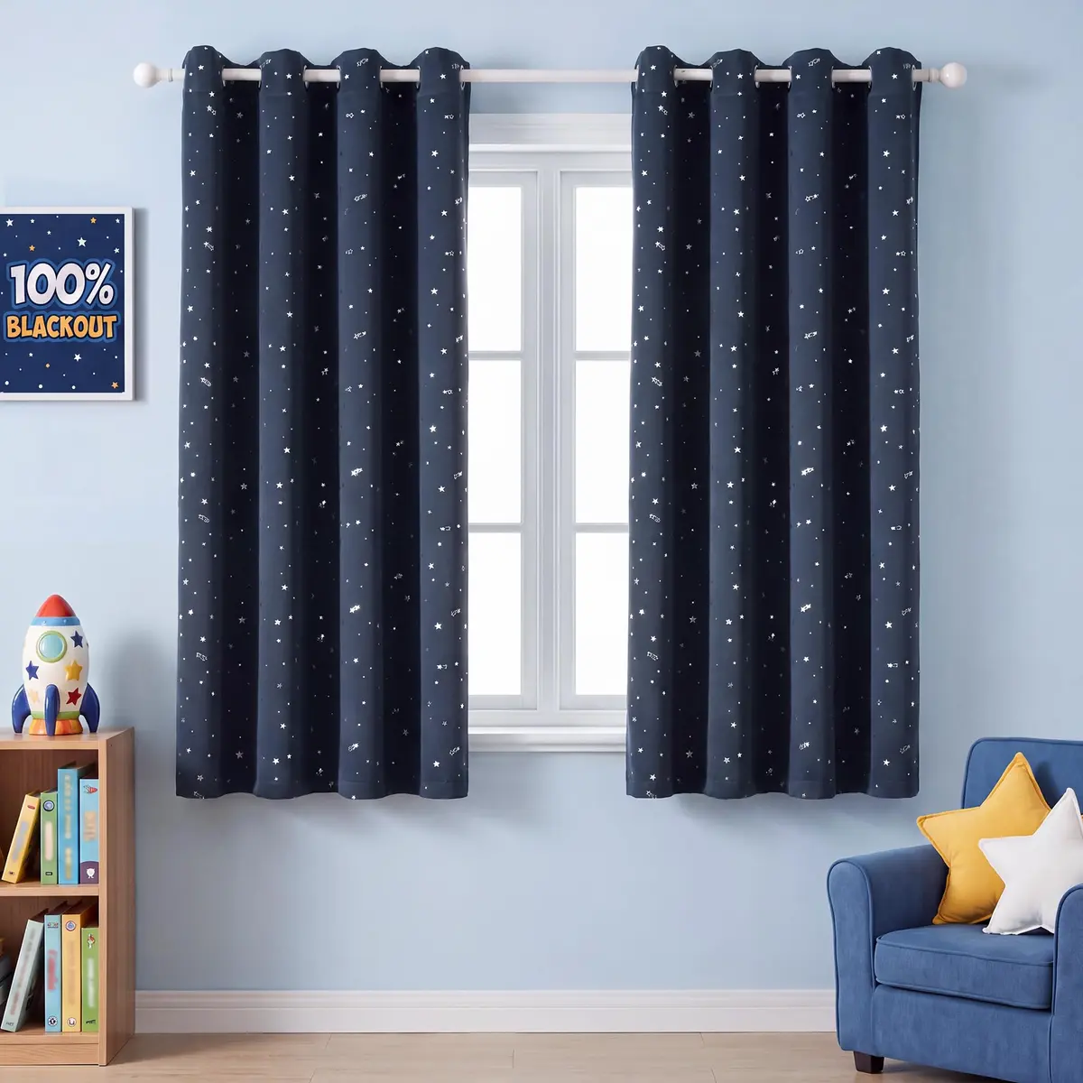 H.VERSAILTEX Blackout Star Curtains for Kids Room Boys Girls 52" x 63" Navy | Thermal Insulated Thick Soft Curtain - main product image