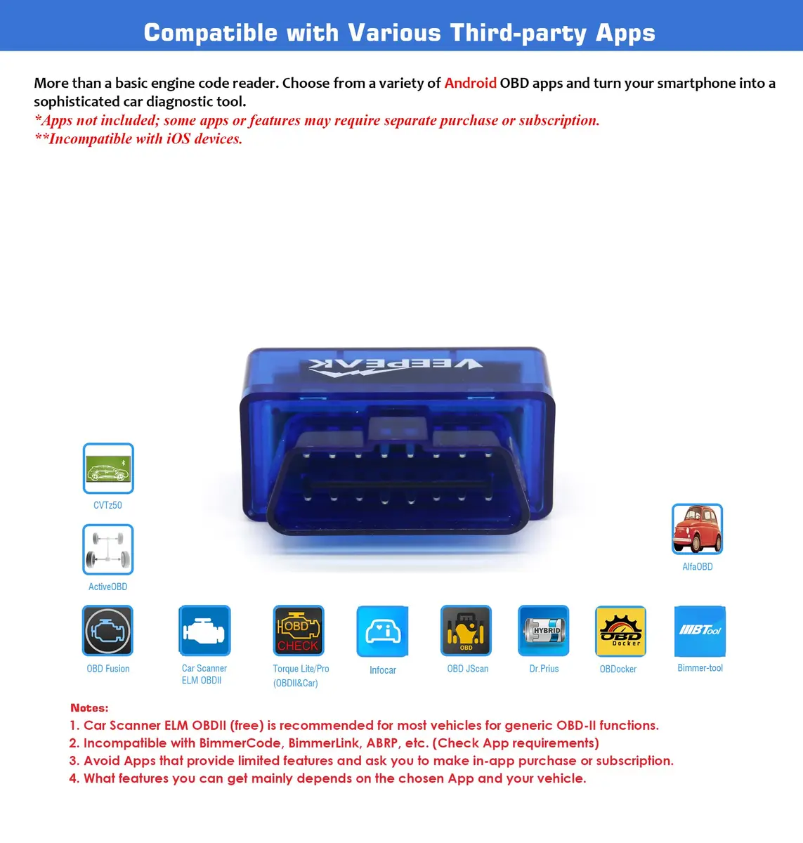 Veepeak Mini Bluetooth OBD2 Scanner Code Reader for Android | Vehicle Scan Tool - view 2