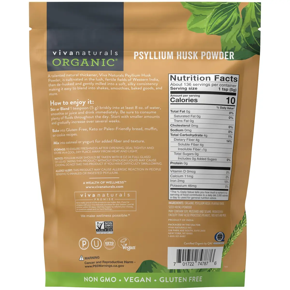 Viva Naturals Organic Psyllium Husk Powder, 24 oz – Finely Ground, Unflavored, Vegan, Keto, Paleo, Non-GMO Plant-Based Superfood for Digestive Health - view 6