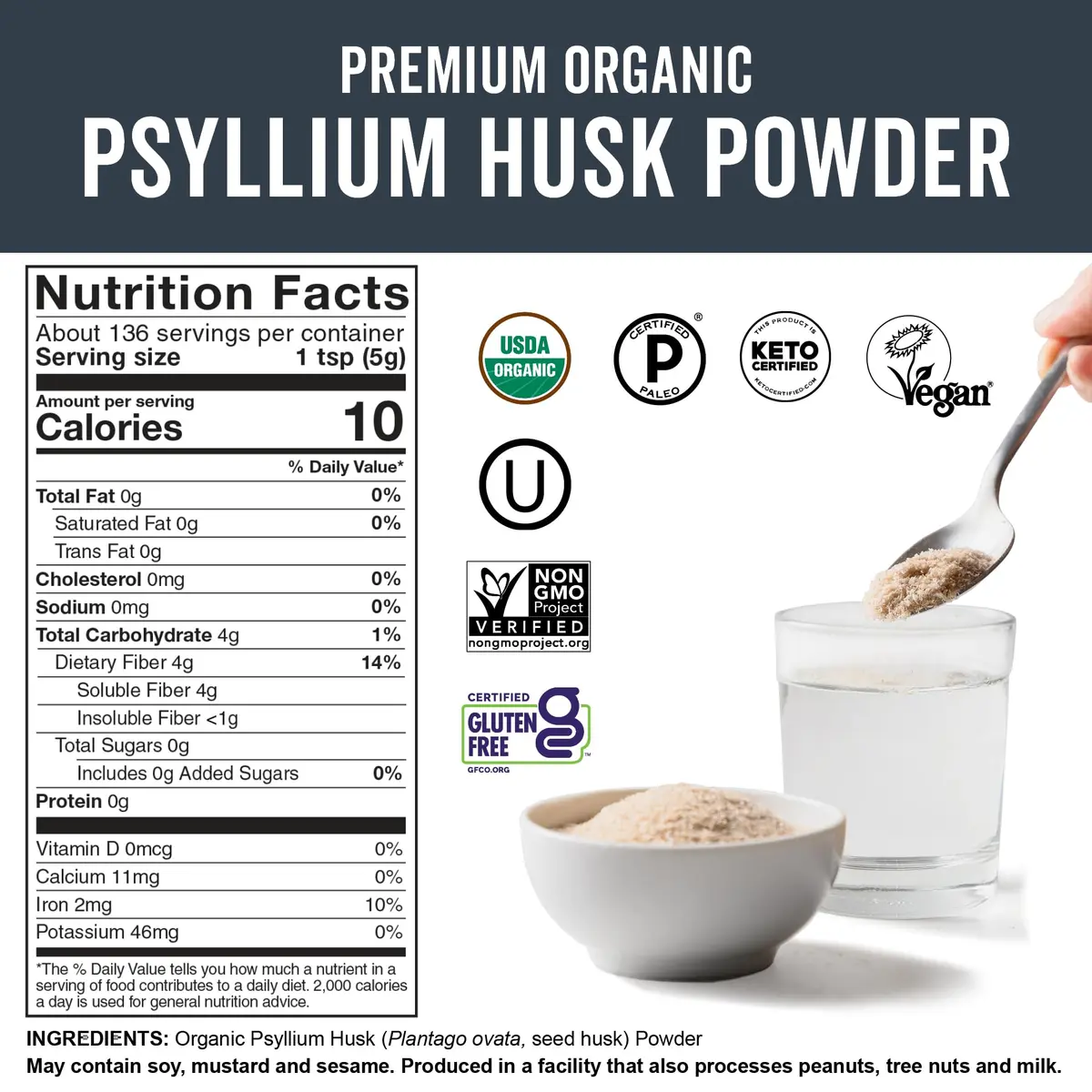 Viva Naturals Organic Psyllium Husk Powder, 24 oz – Finely Ground, Unflavored, Vegan, Keto, Paleo, Non-GMO Plant-Based Superfood for Digestive Health - view 7