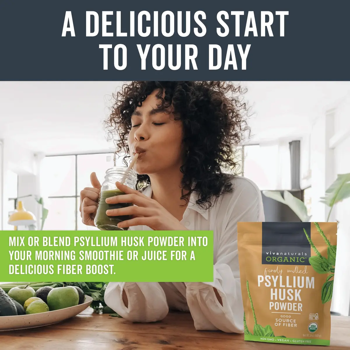 Viva Naturals Organic Psyllium Husk Powder, 24 oz – Finely Ground, Unflavored, Vegan, Keto, Paleo, Non-GMO Plant-Based Superfood for Digestive Health - view 2