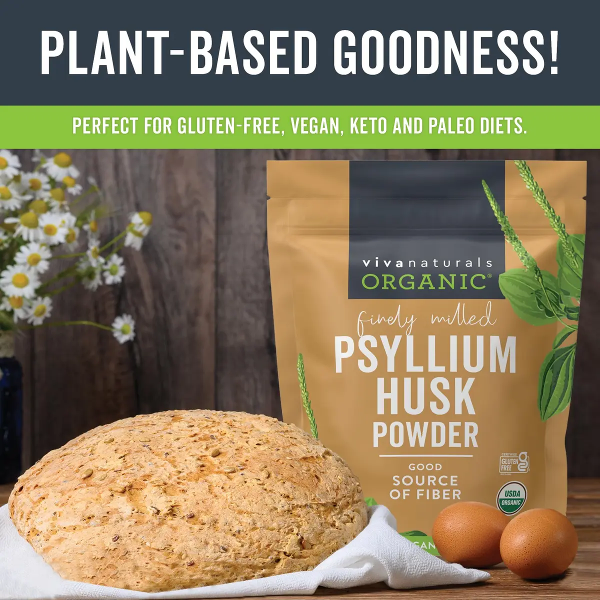 Viva Naturals Organic Psyllium Husk Powder, 24 oz – Finely Ground, Unflavored, Vegan, Keto, Paleo, Non-GMO Plant-Based Superfood for Digestive Health - view 3