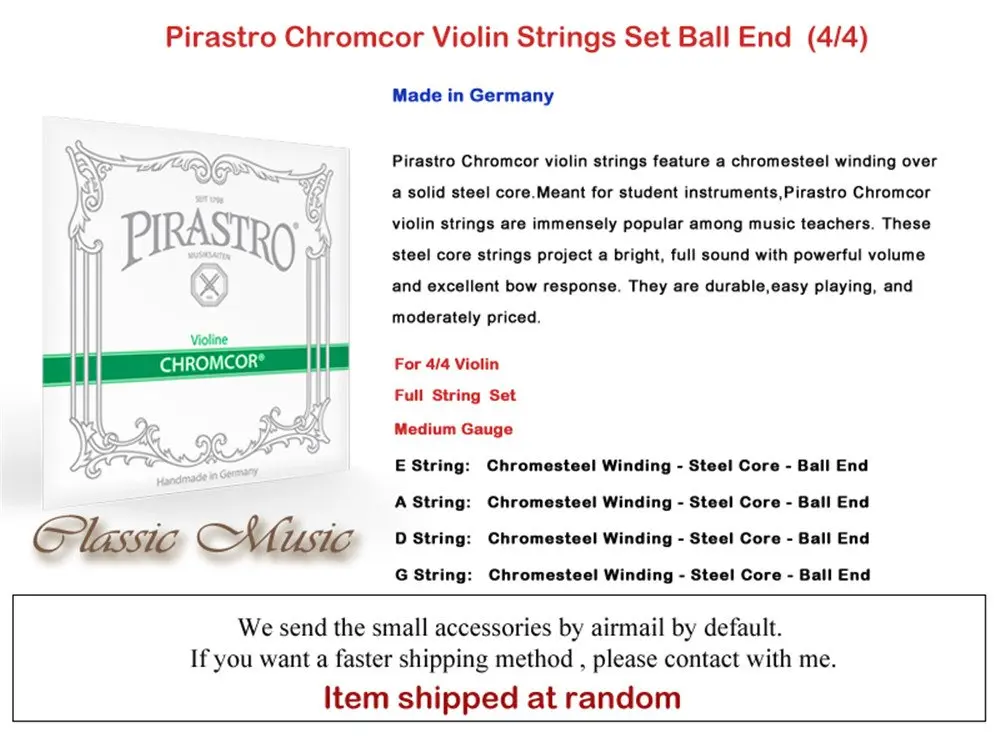 Chromcor (Pirastro) Violin Strings Medium Gauge Full Set 4/4 Steel Core Ball End | Made in Germany - view 3