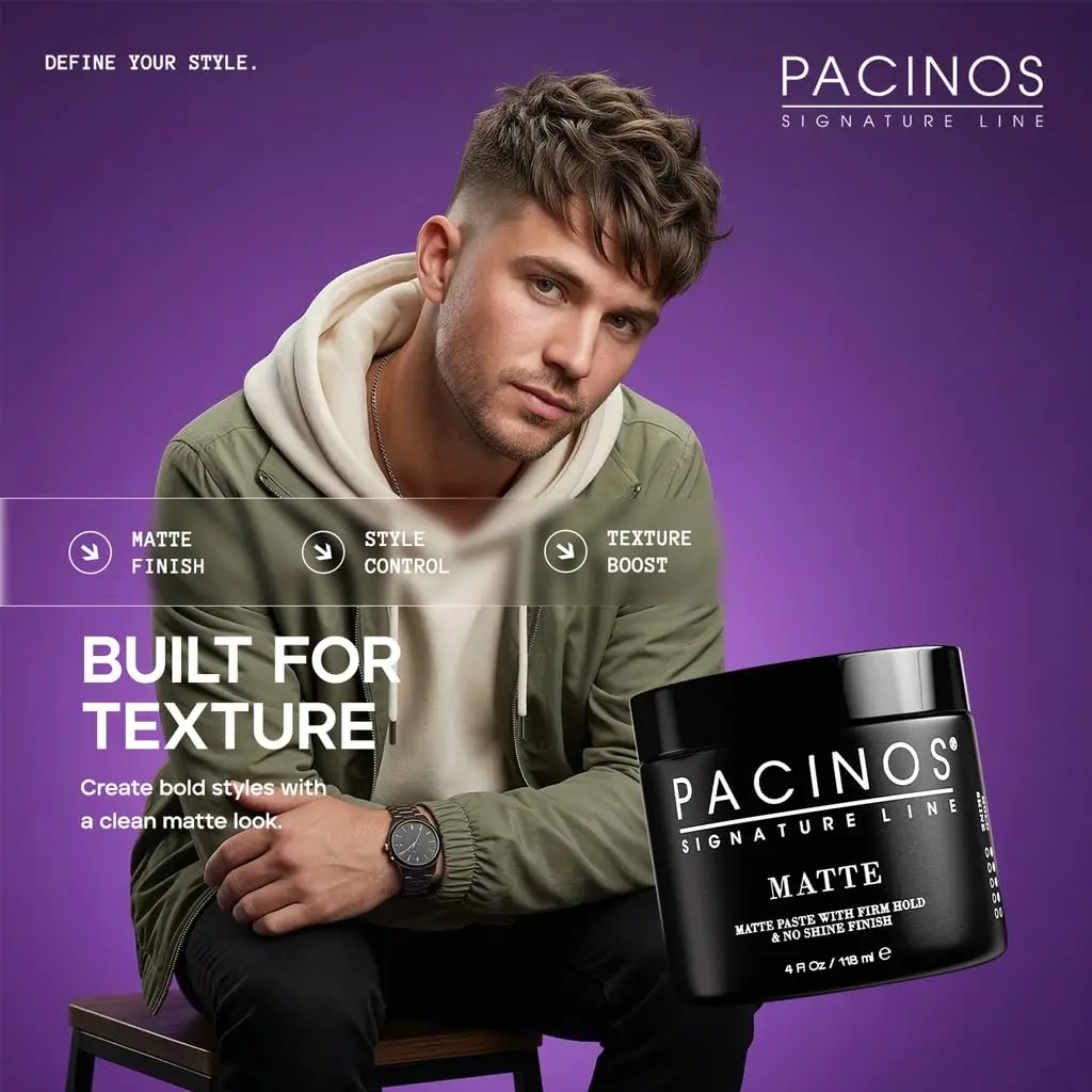 Pacinos Matte Hair Paste for Men, Firm Hold, No Shine, Styling Wax, 4 fl oz | Long-lasting matte finish, versatile for all hair types - view 5