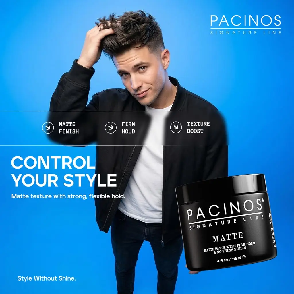 Pacinos Matte Hair Paste for Men, Firm Hold, No Shine, Styling Wax, 4 fl oz | Long-lasting matte finish, versatile for all hair types - view 6