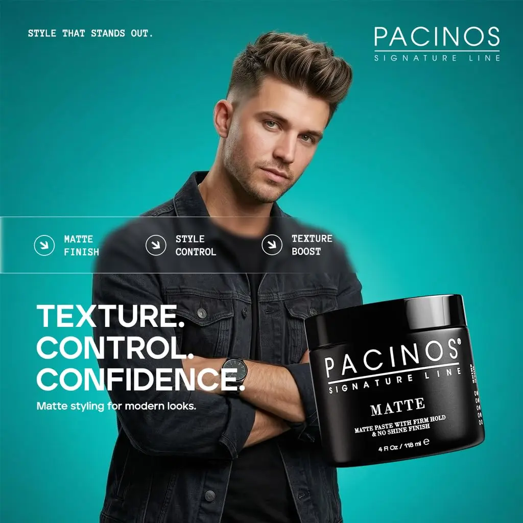 Pacinos Matte Hair Paste for Men, Firm Hold, No Shine, Styling Wax, 4 fl oz | Long-lasting matte finish, versatile for all hair types - view 3