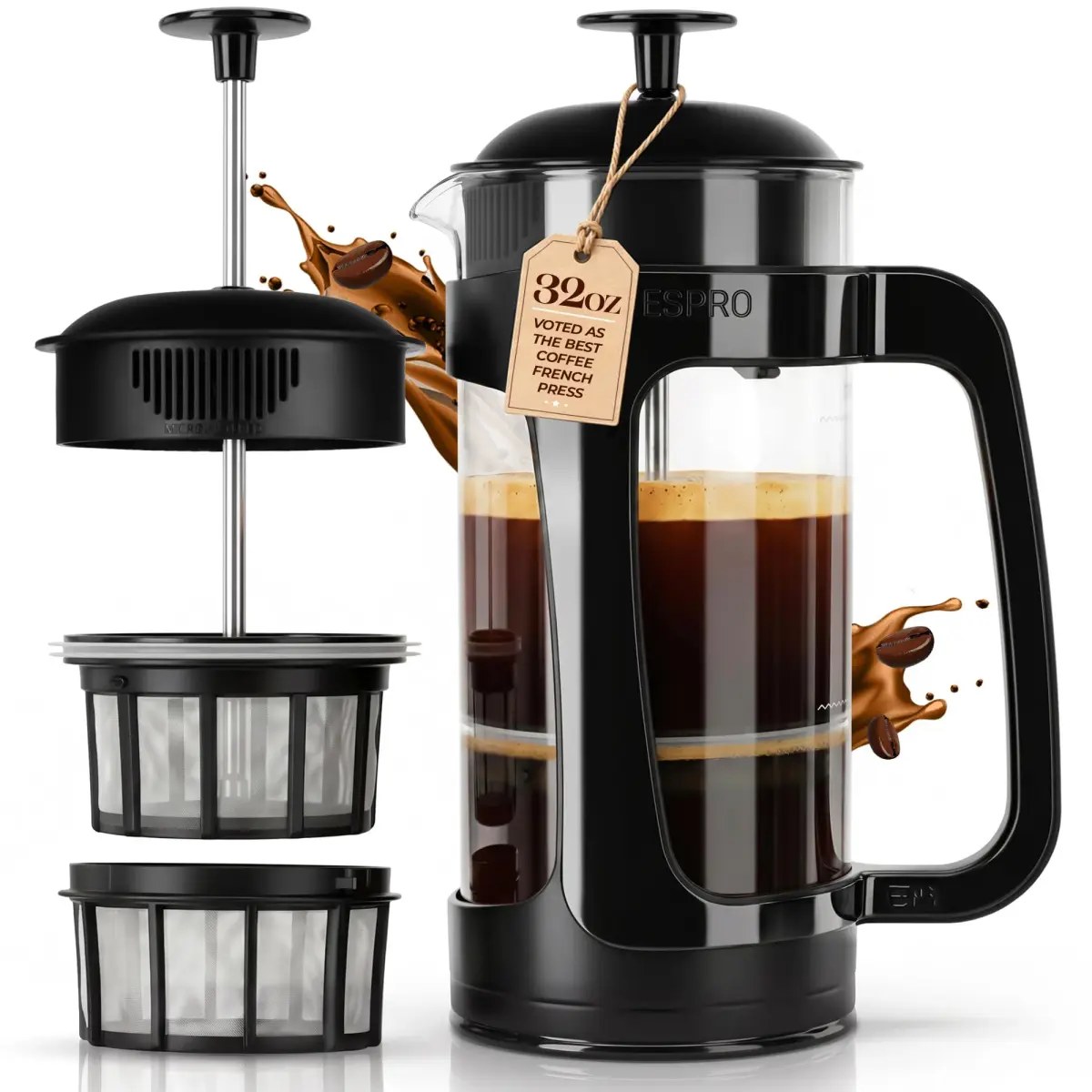 ESPRO P3 French Press Coffee Maker, 946ml (32oz) Black | Grit-Free Coffee & Tea Brewer - main product image