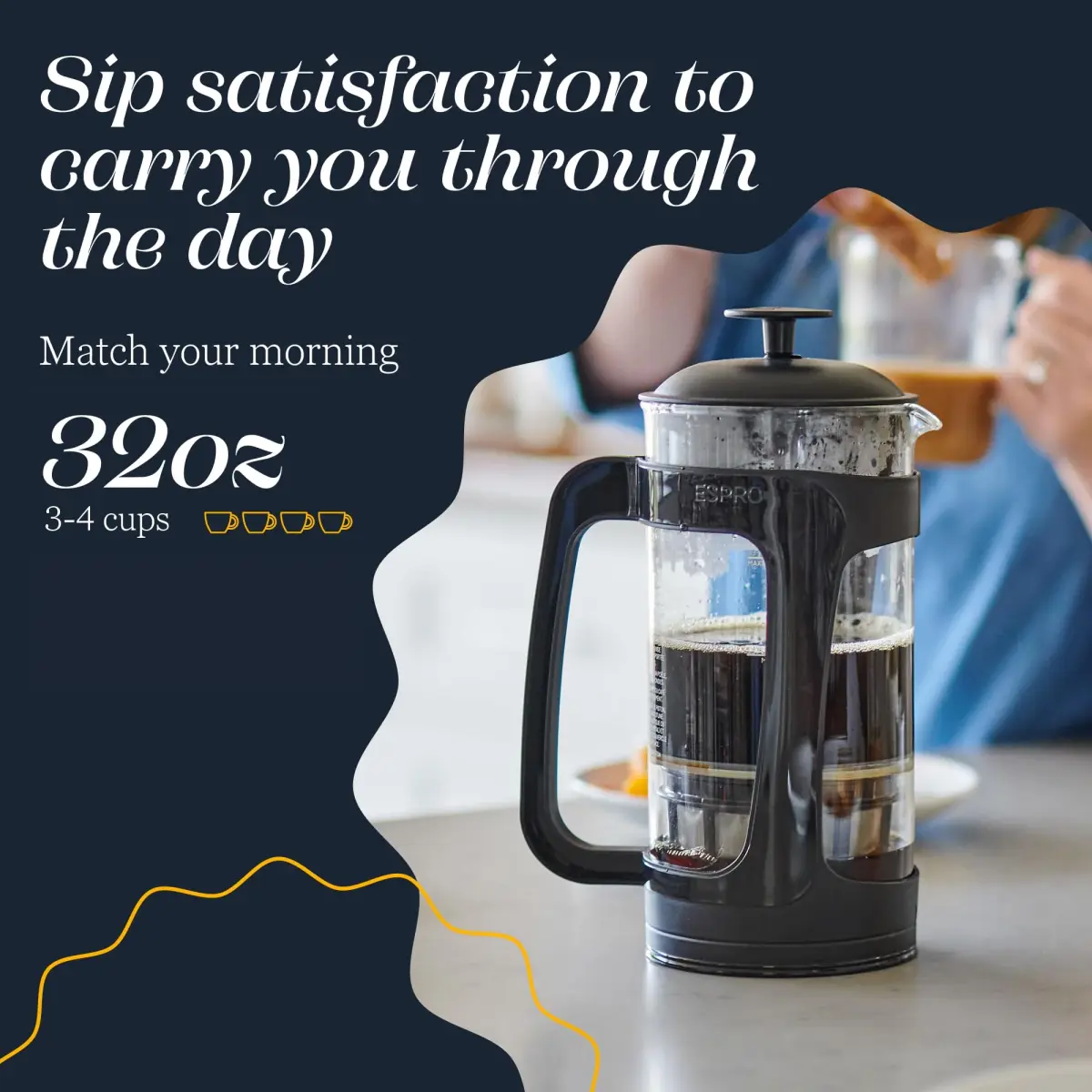 ESPRO P3 French Press Coffee Maker, 946ml (32oz) Black | Grit-Free Coffee & Tea Brewer - view 3