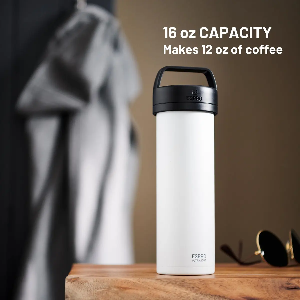 ESPRO Go P0 Ultralight French Press Coffee Maker for Travel | Vacuum Insulated Stainless Steel, 16 Ounces, Chalk White - view 3