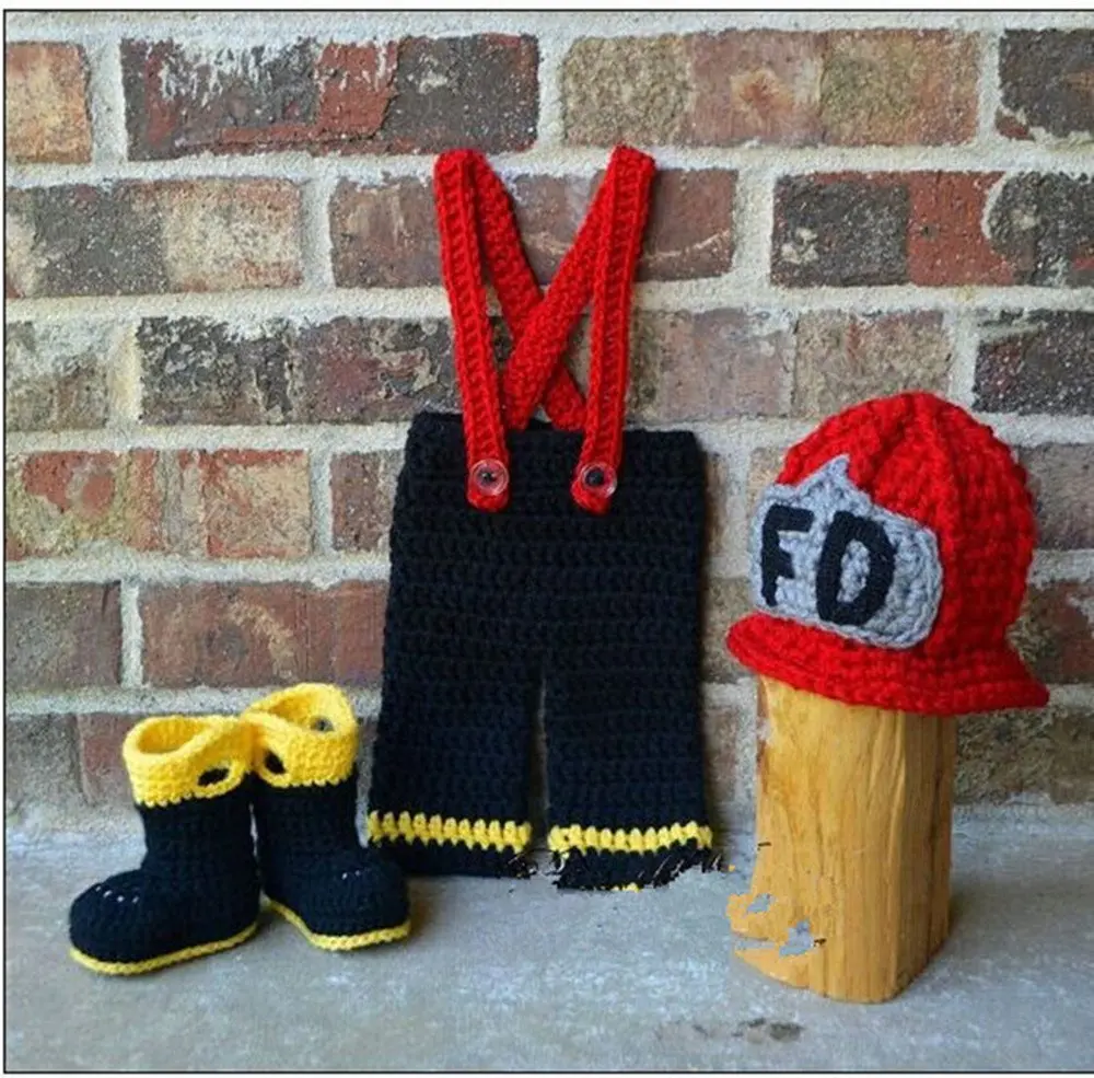 Pinbo Baby Photography Prop Crochet Firefighter Hat & Pants | Handmade Newborn Costume for 1-3 Months - view 2