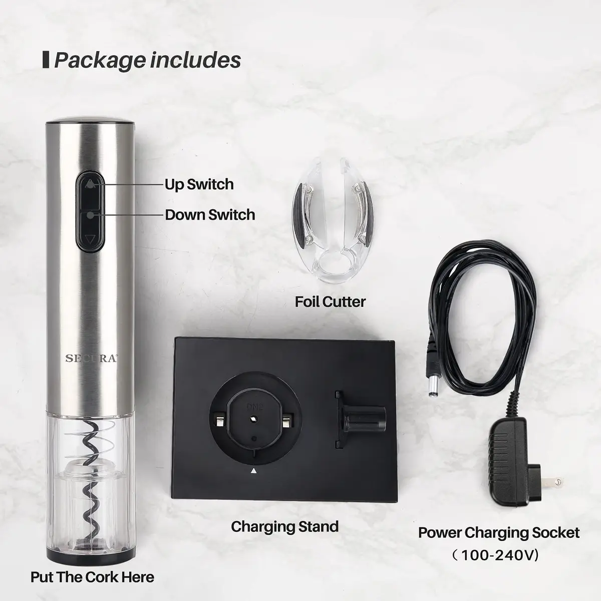 Secura Electric Wine Opener, Automatic Corkscrew, Rechargeable, Stainless Steel | Cordless Bottle Opener with Foil Cutter - view 6