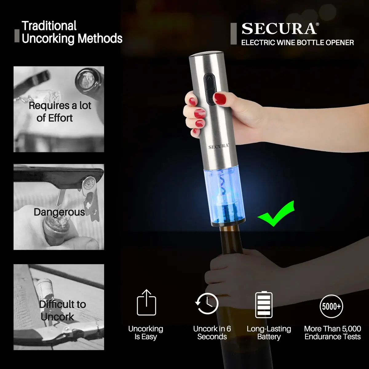 Secura Electric Wine Opener, Automatic Corkscrew, Rechargeable, Stainless Steel | Cordless Bottle Opener with Foil Cutter - view 2