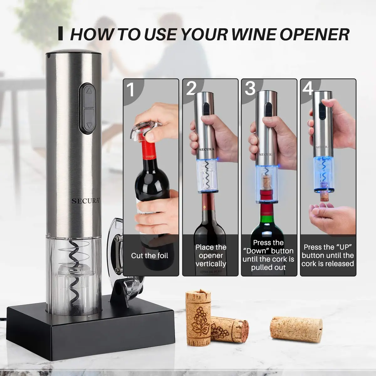Secura Electric Wine Opener, Automatic Corkscrew, Rechargeable, Stainless Steel | Cordless Bottle Opener with Foil Cutter - view 3