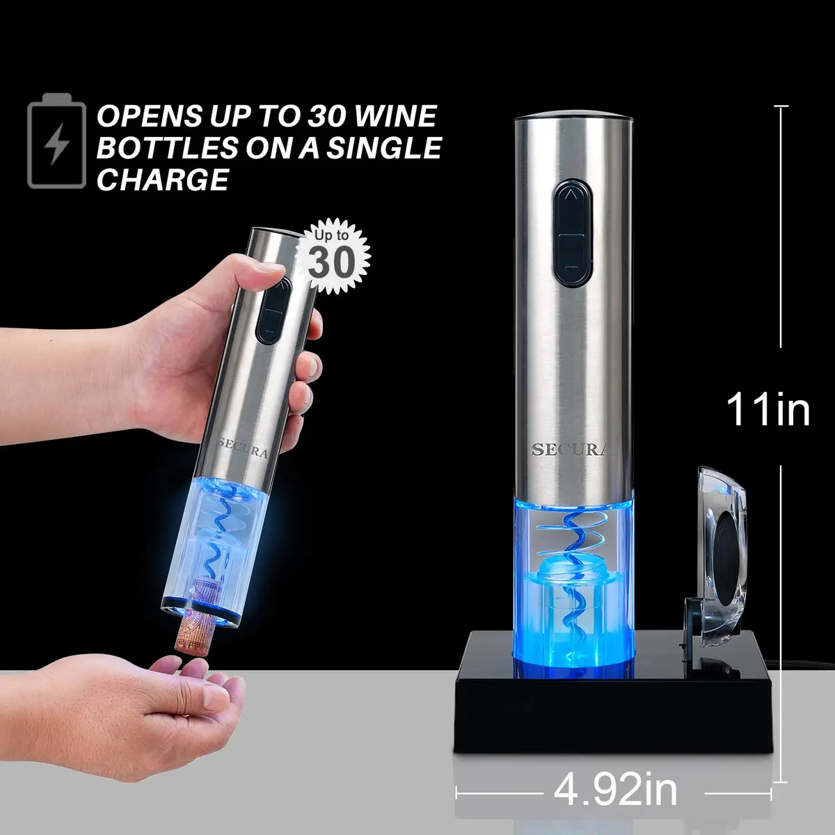 Secura Electric Wine Opener, Automatic Corkscrew, Rechargeable, Stainless Steel | Cordless Bottle Opener with Foil Cutter - view 4