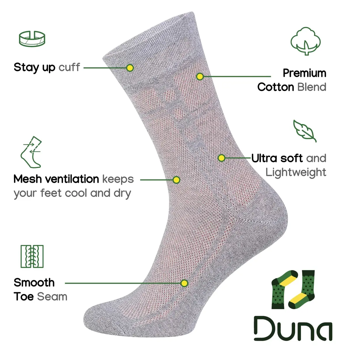 Duna Mens Dress Socks 5 Pairs Grey | Ultra Thin Breathable Formal Crew Length - view 4