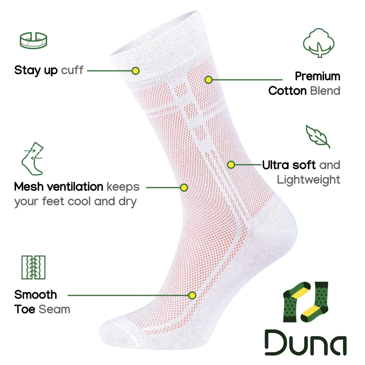 Duna Mens Dress Socks 5 Pairs White | Ultra Thin Breathable Formal Crew Length - view 5