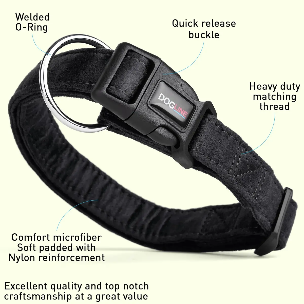 Dogline 15 to 25-Inch Comfort Microfiber Dog Collar | Soft Padded, Nylon Reinforced, Large, Black - view 2