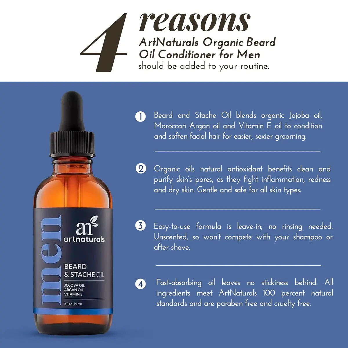 Artnaturals Unscented Beard Oil 2 fl oz | Nourishing, Vegan, No Residue, Softens & Thickens - view 6